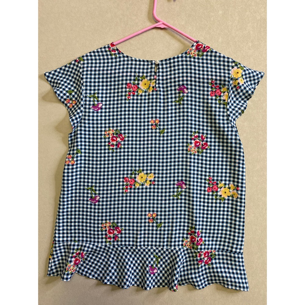 Van Heusen Womens Blue Gingham Floral Peplum Top Short Sleeve Blouse Medium